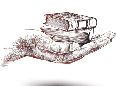 gezeichnete Hand hält Bücher