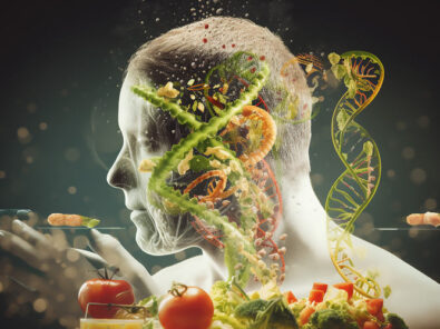 biochemische Struktur von einem Menschenkopf mit Nahrungsmittel