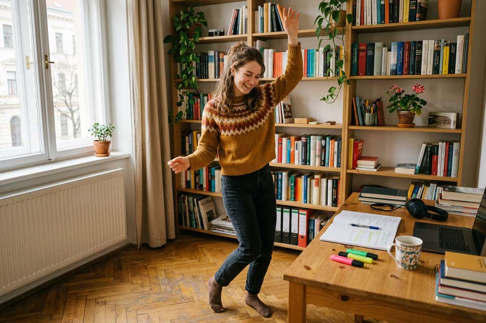 eine junge Frau tanzt in ihrer Lernpause