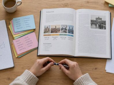 Schreibtisch mit Unterlagen aus Mathematik, Englisch, Geschichte und Deutsch: gemischtes Lernen