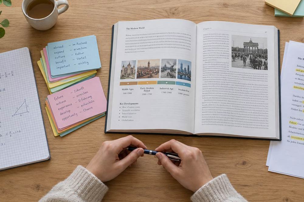 Schreibtisch mit Unterlagen aus Mathematik, Englisch, Geschichte und Deutsch: gemischtes Lernen